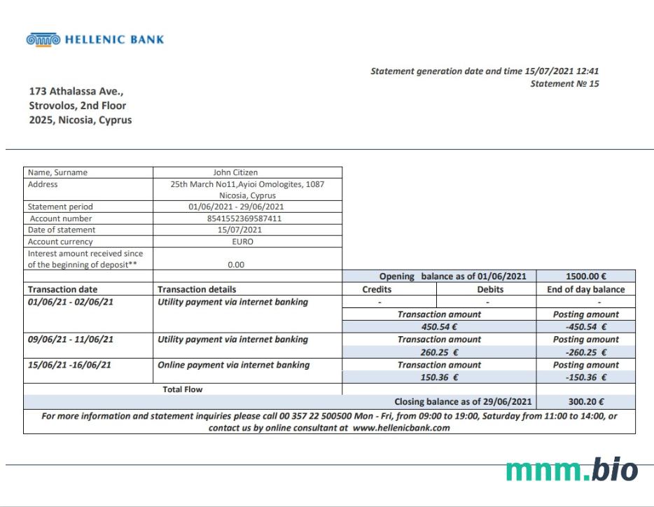 Cyprus Bank Of Cyprus wzór wyciągu bankowego w formacie Word i PDF